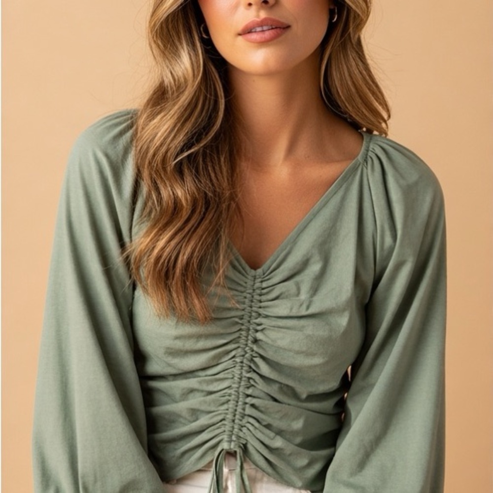 Mango Sage Green Ruched Blouse